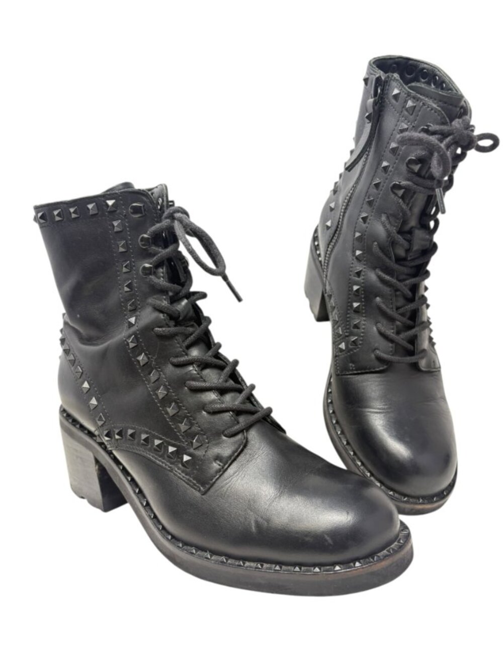 ASH Xin Black Leather Pyramid Stud Combat Moto Boots 38 7.5